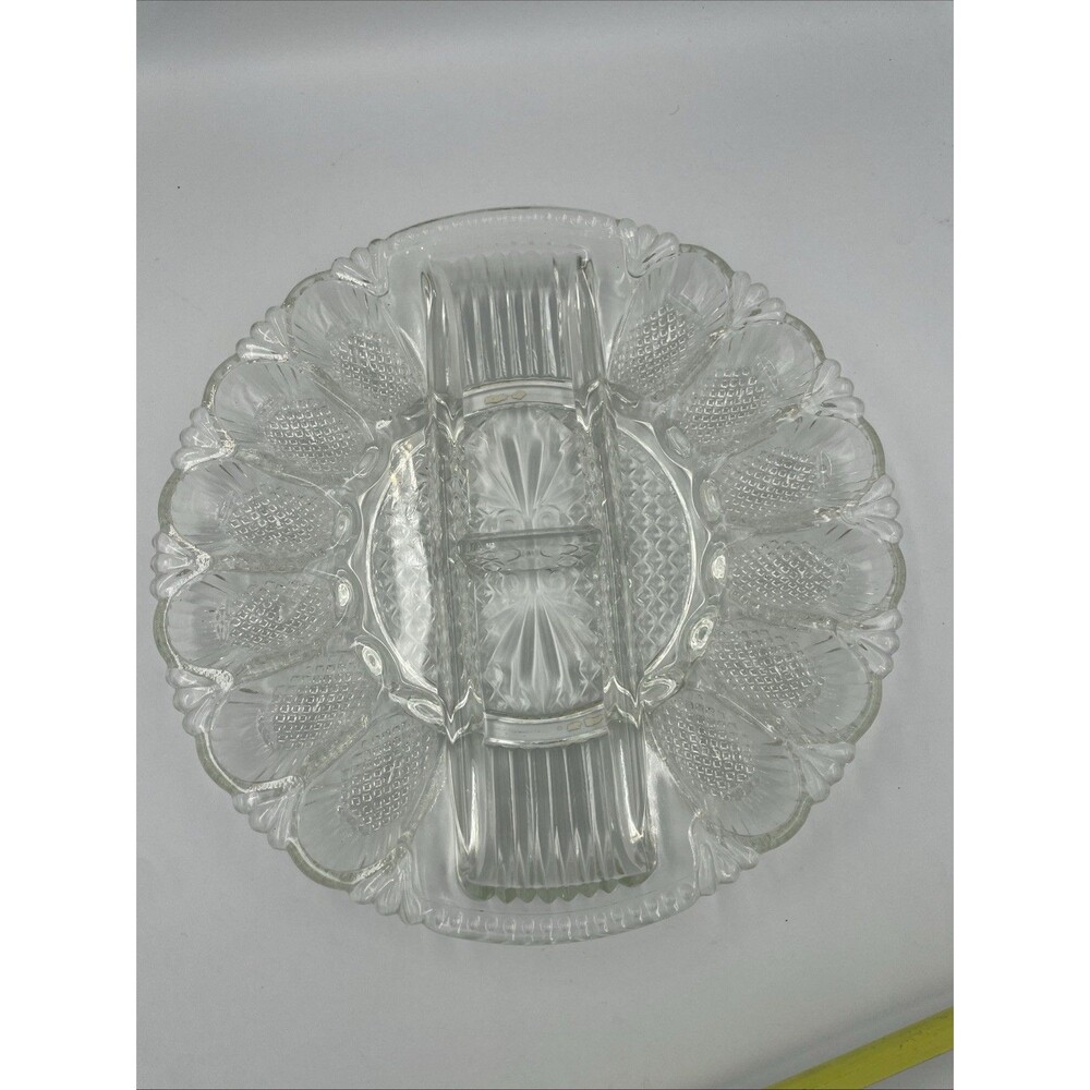 L E Smith Glass Deviled Eggs Relish Tray Divided Glass Serving Plate, 12 Egg
